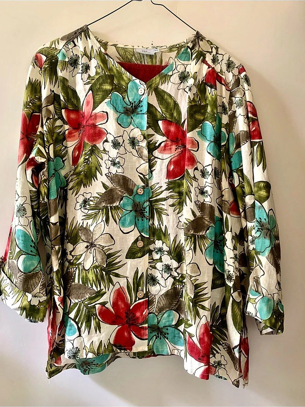 Hot Cotton Floral Blouse in White & Red Size XL